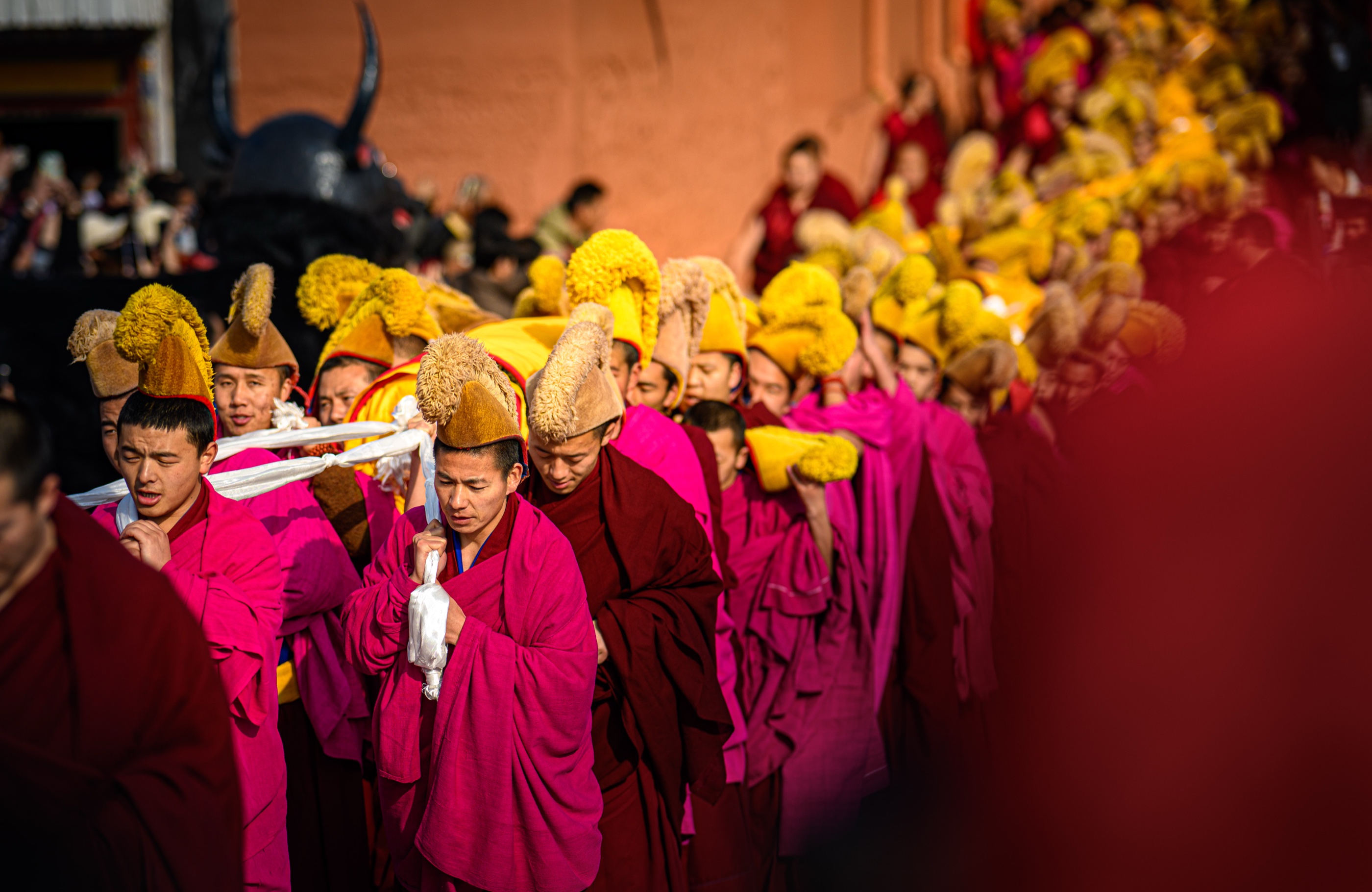 Monks carrying the rolled thangka on their shoulders