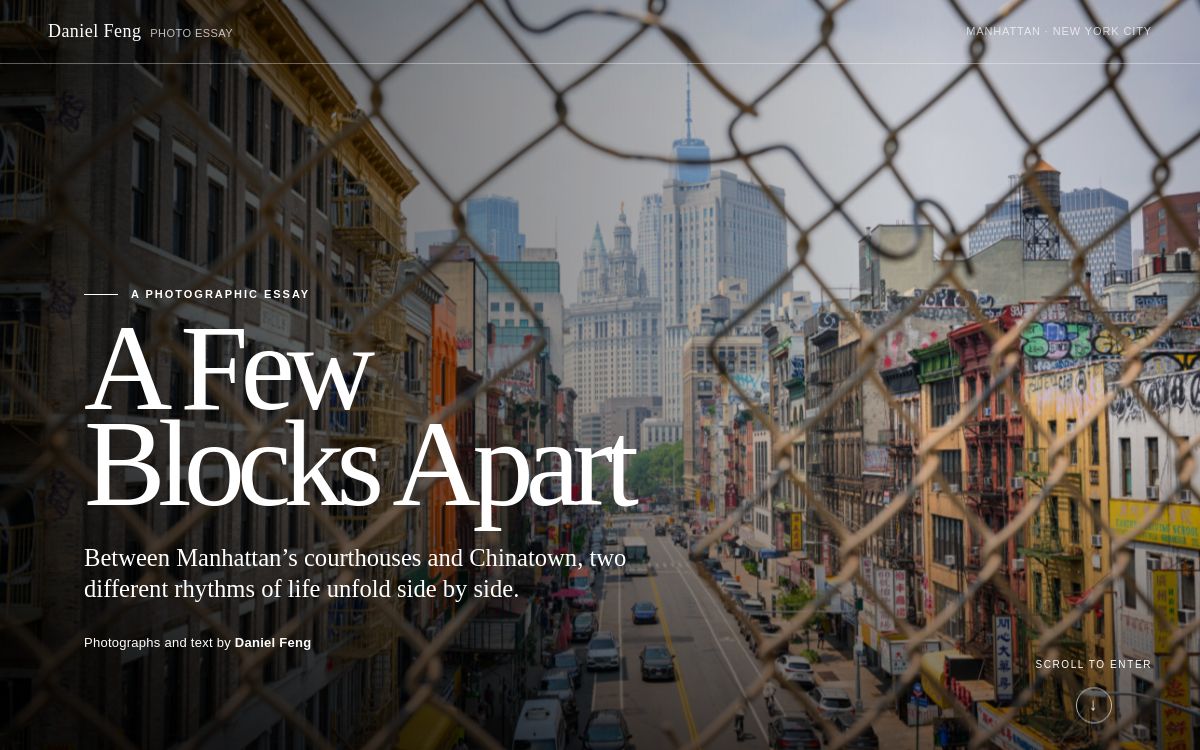A Few Blocks Apart photo essay cover, looking toward Chinatown through a fence