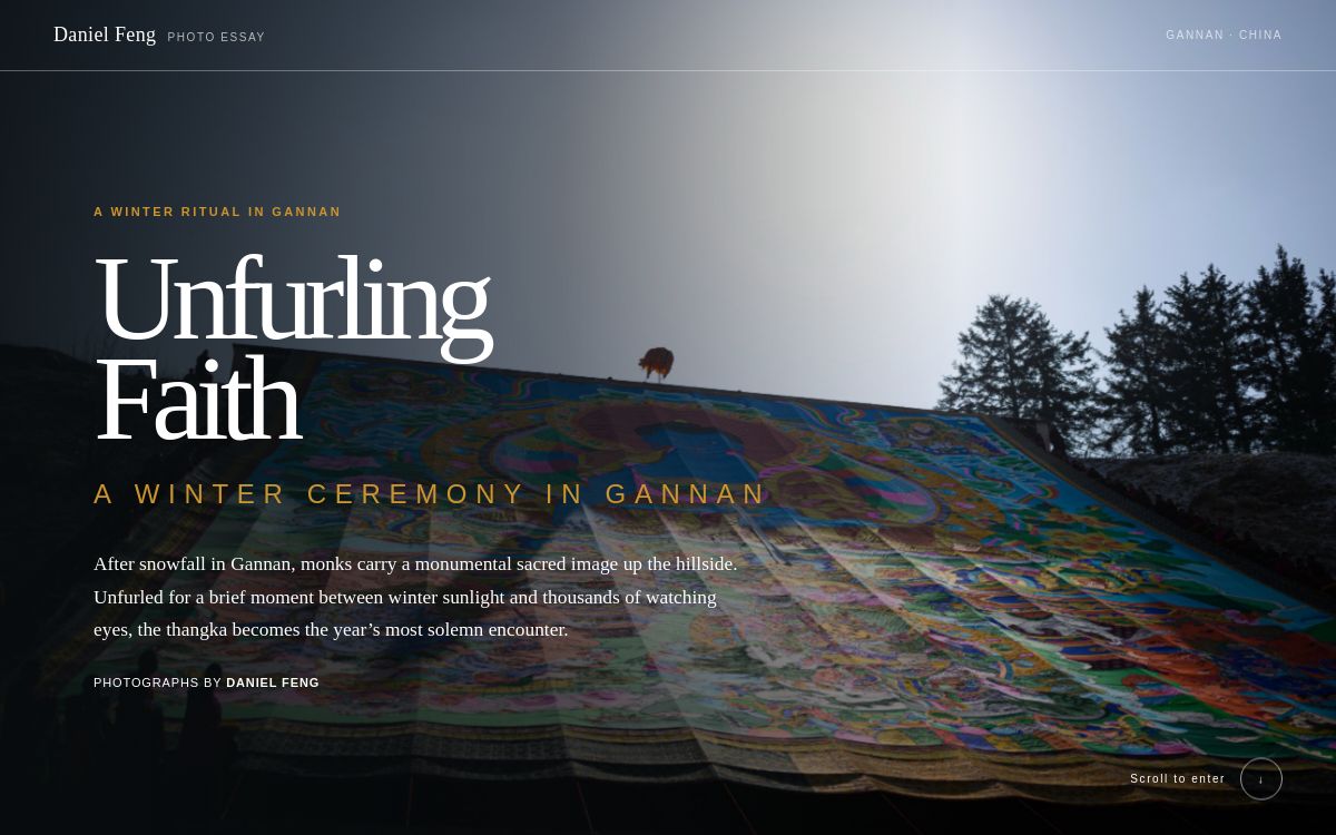 Unfurling Faith photo essay cover showing a thangka unfurled on a snowy hillside in Gannan
