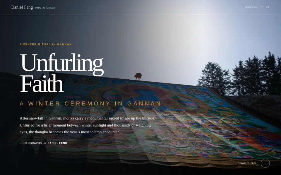 Unfurling Faith photo essay cover showing a thangka unfurled on a snowy hillside in Gannan